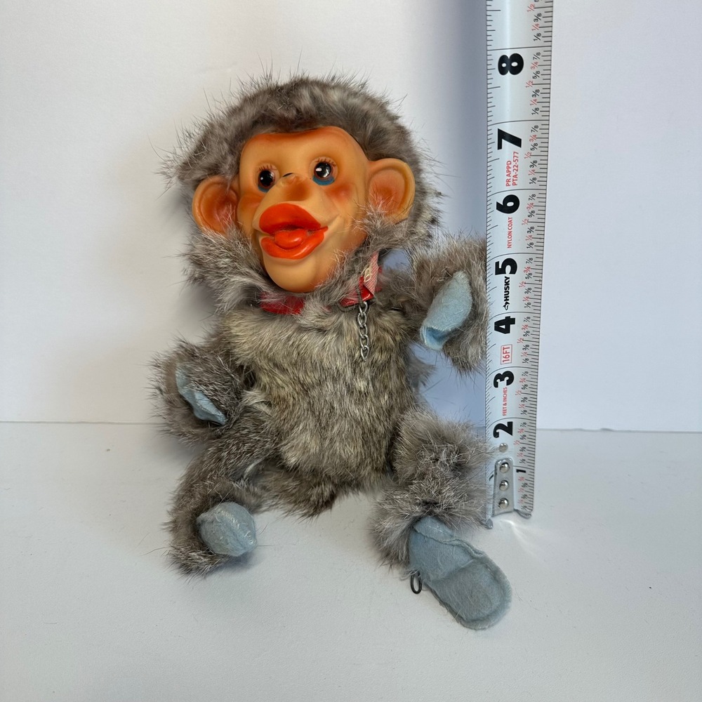 Vintage Monkey Plush Toy Small Gray Real Fur Rubber Face MCM Kitsch Collectible - Picture 2 of 8